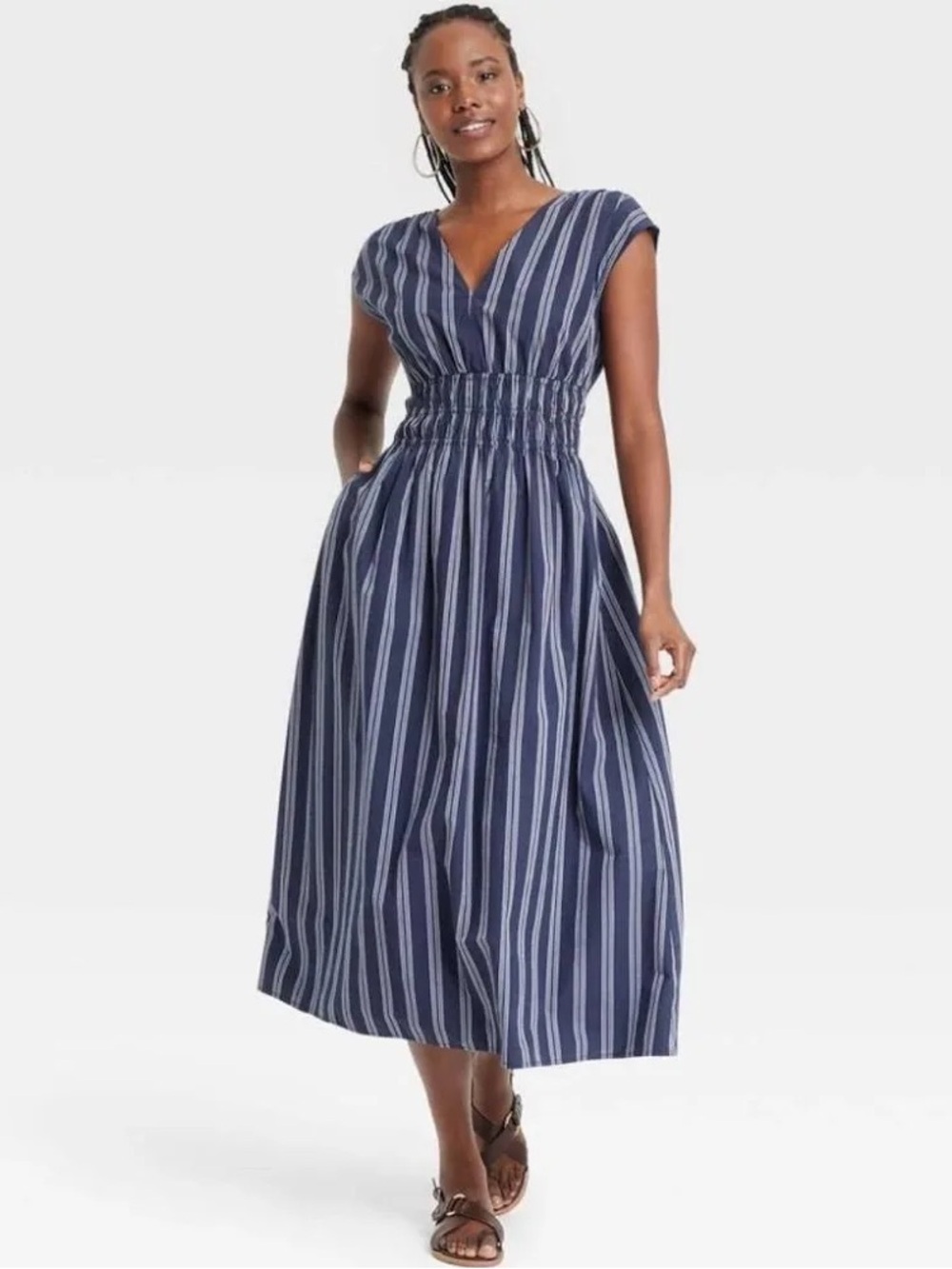 Universal Thread Navy and White Striped Smocked-Waist Midi Dress